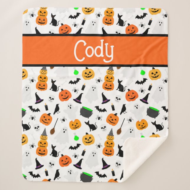 Kid Halloween Ghost Pumpkin Black Cat Personalize  Sherpa Blanket (Front)
