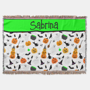 Kid Halloween Ghost Pumpkin Black Cat Personalize Throw Blanket