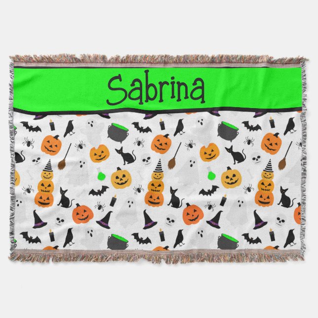 Kid Halloween Ghost Pumpkin Black Cat Personalize  Throw Blanket (Front)