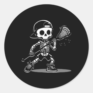 Kid Halloween Skeleton Playing Lacrosse Sport Play Classic Round Sticker