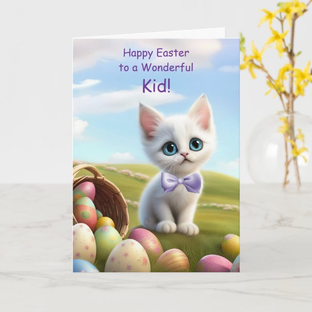 Kid Happy Easter with Darling Cute White Kitten  Card (Yellow Flower)