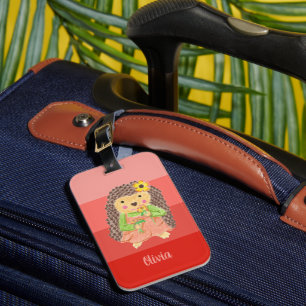 Kid Hedgehog Smelling Flowers Coral Stripes Luggage Tag