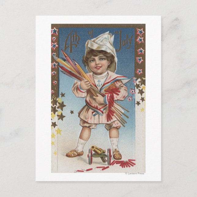 Kid Holding Fireworks and Rockets Postcard (Front)