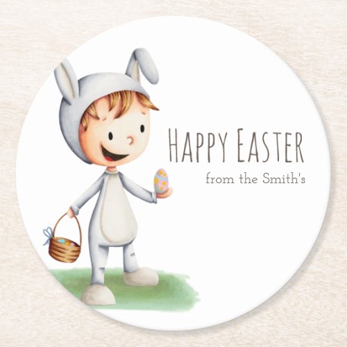 Kid in Easter Bunny Costume Egg Hunt Personalized Round Paper Coaster