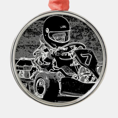 Kid Kart in Black  White Metal Ornament