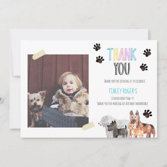 Kid party dog theme birthday thank you card (Front)