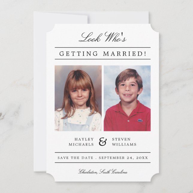 Kid Photos Old School Classic Styled | White Save The Date (Front)