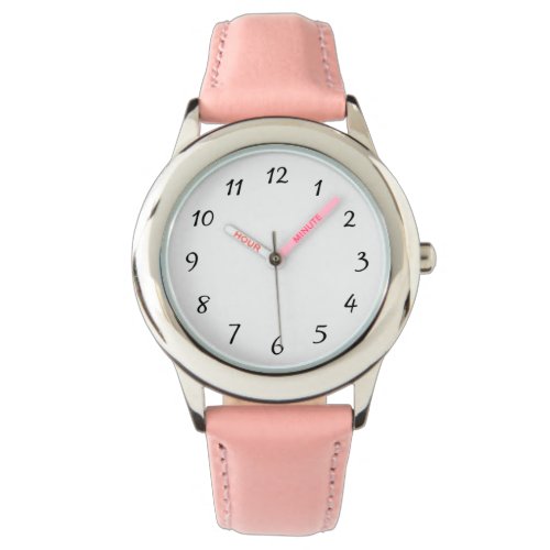 Kid Pink Stainless Steel Pink Leather Strap Watch