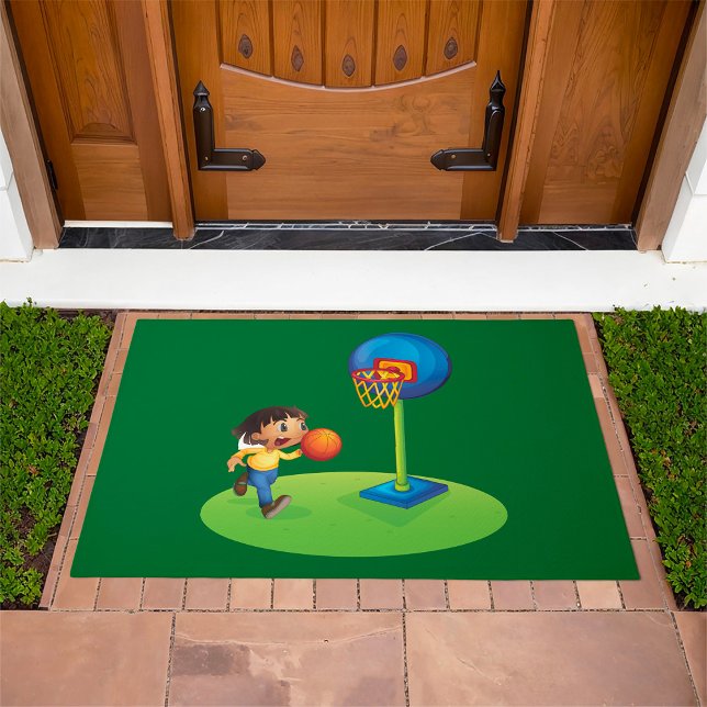 Kid Playing Basketball with Hoop Fun Sports Doormat (Creator Uploaded)