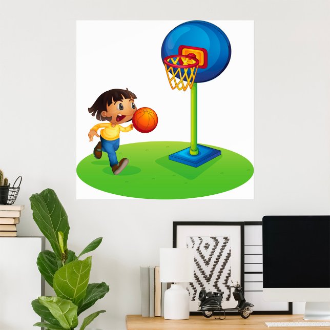 Kid Playing Basketball with Hoop Fun Sports Poster (Creator Uploaded)