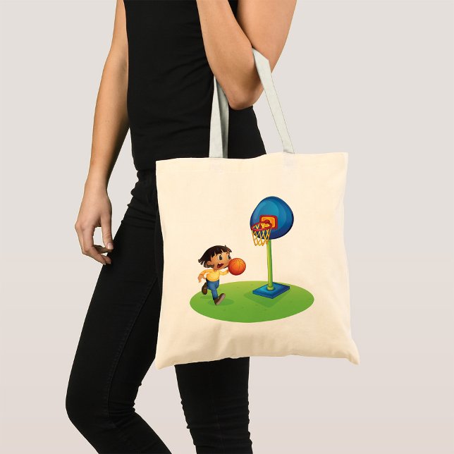 Kid Playing Basketball with Hoop Fun Sports Tote Bag (Creator Uploaded)