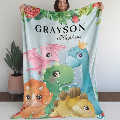 Kids Blanket With Dinosaurs  Tropical Leaves