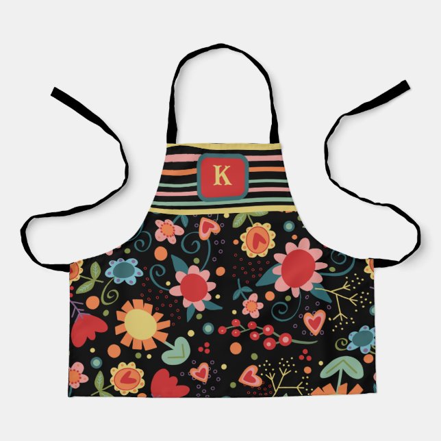 Kid’s Cute Floral Colorful Initial Cooking  Apron (Front)