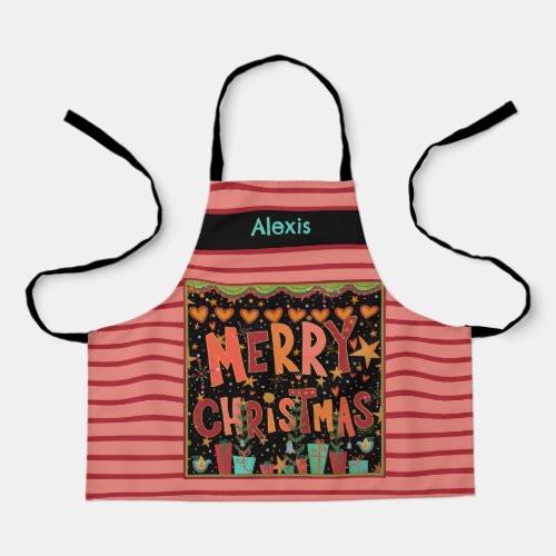 Kids Cute Merry Christmas Customized Name Pink Apron