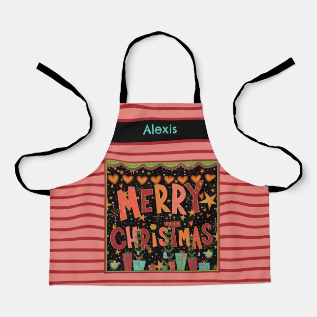Kid’s Cute Merry Christmas Customized Name Pink Apron (Front)