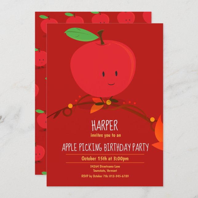 Kid’s Red Apple Picking Birthday Party Invitation (Front/Back)