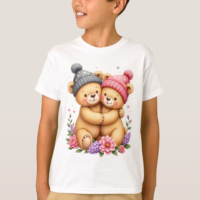 Kid T-Shirt With Two Teddy Bears With Caps (Front)