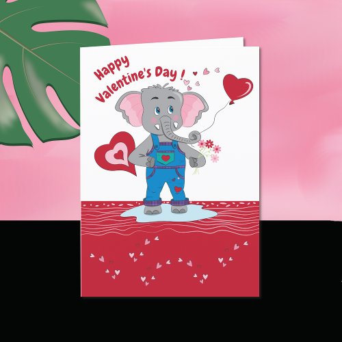 Kid Valentines Day Card with Cartoon Elephant 