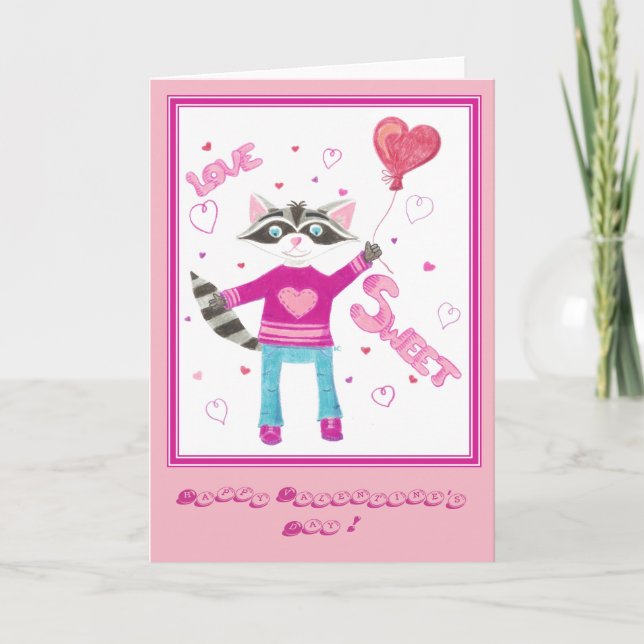 Kid Valentine's Day card with cute raccoon (Front)