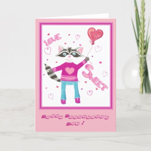 Kid Valentines Day card with cute raccoon