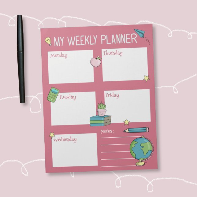 Kid Weekly Planner Pink Notepad (Cute kids weekly planner to help them stay on track .)