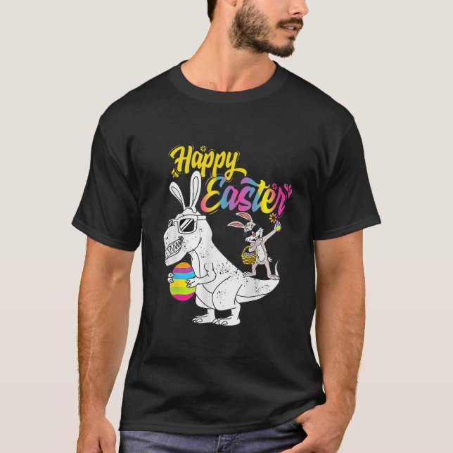 Kidasaurus Happy Easter T Rex Dino Dabbing Rabbit T-Shirt (Front)