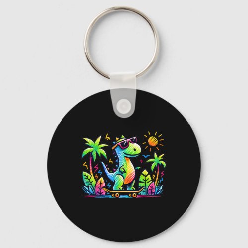 Kidcore Aesthetic Dinosaur Skateboarding Doodle Al Keychain