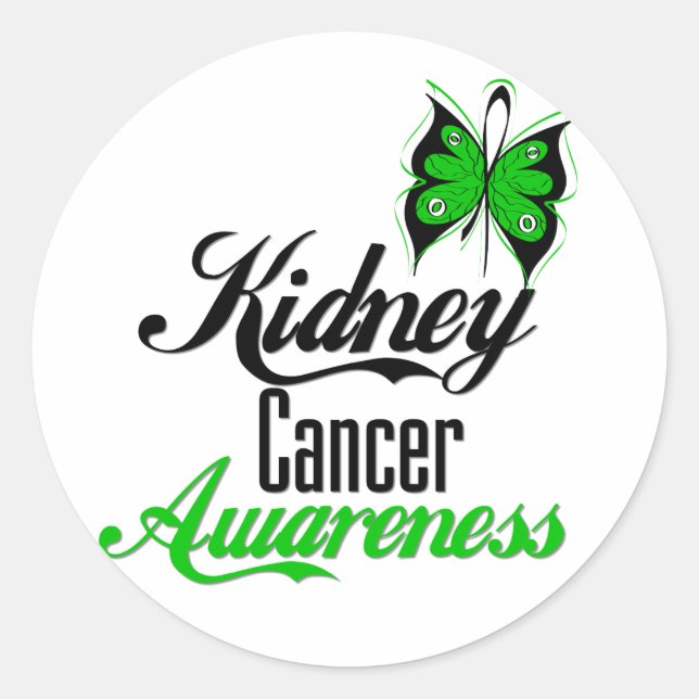 Kidney Cancer Awareness Green Butterfly Classic Round Sticker (Front)