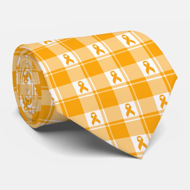 Kidney Cancer Awareness Plaid Orange Ribbon Neck Tie (Rolled)