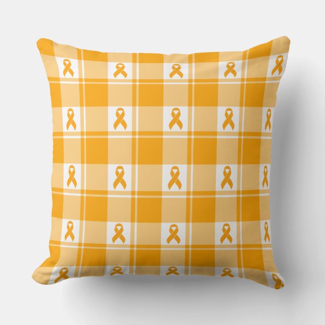 Kidney Cancer Awareness Plaid Orange Ribbon Throw Pillow (Front)
