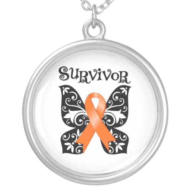 Kidney Cancer Butterfly Orange Ribbon Silver Plated Necklace (Front)
