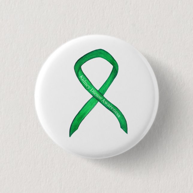 Kidney Disease Awareness Green Ribbon Art Button (Front)