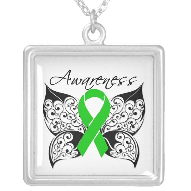 Kidney Disease Awareness Tattoo Butterfly Silver Plated Necklace (Front)