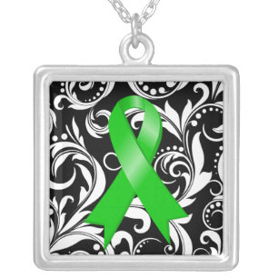 Kidney Disease Ribbon Deco Floral Noir Silver Plated Necklace