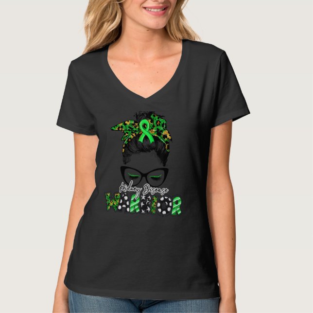 Kidney Disease Warrior Leopard Messy Bun Women Awa T-Shirt (Front)
