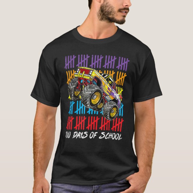 Kids 100 Days OF School Monster Truck Teachers Sch T-Shirt (Front)