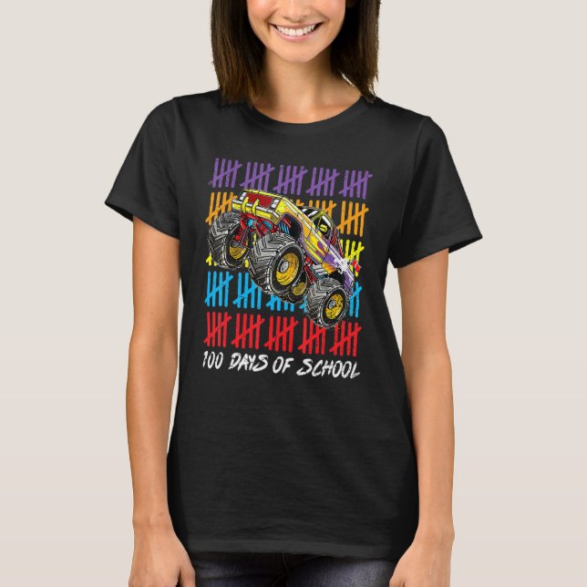 Kids 100 Days OF School Monster Truck Teachers Sch T-Shirt (Front)