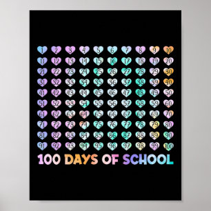 Kids 100 Days Of School Tie Dye Hearts Math Number Poster