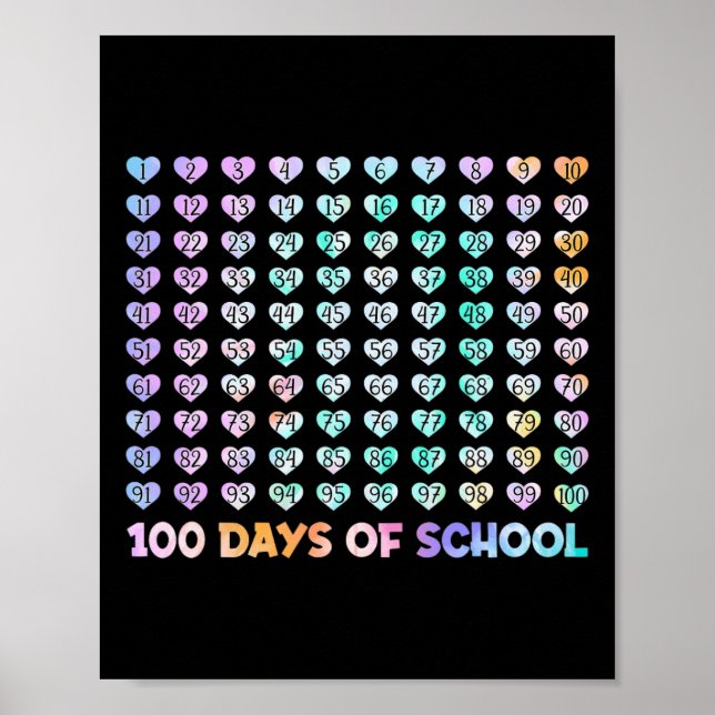 Kids 100 Days Of School Tie Dye Hearts Math Number Poster (Front)