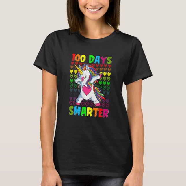 Kids 100 Days Smarter Hearts Dabbing Unicorn 100th T-Shirt (Front)