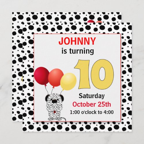 Kids 10th Birthday  Red and Yellow Dalmatian Inv Invitation