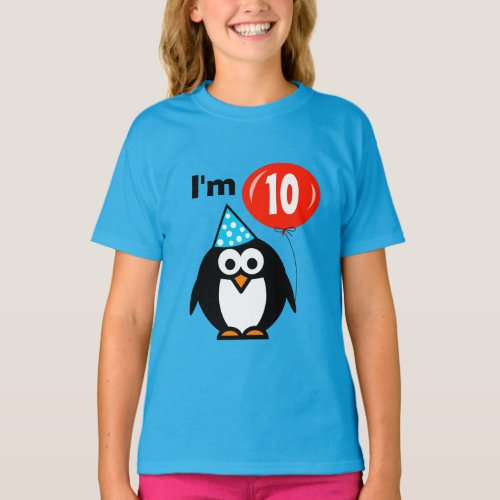 Kids 10th Birthday shirt  penguin and red balloon