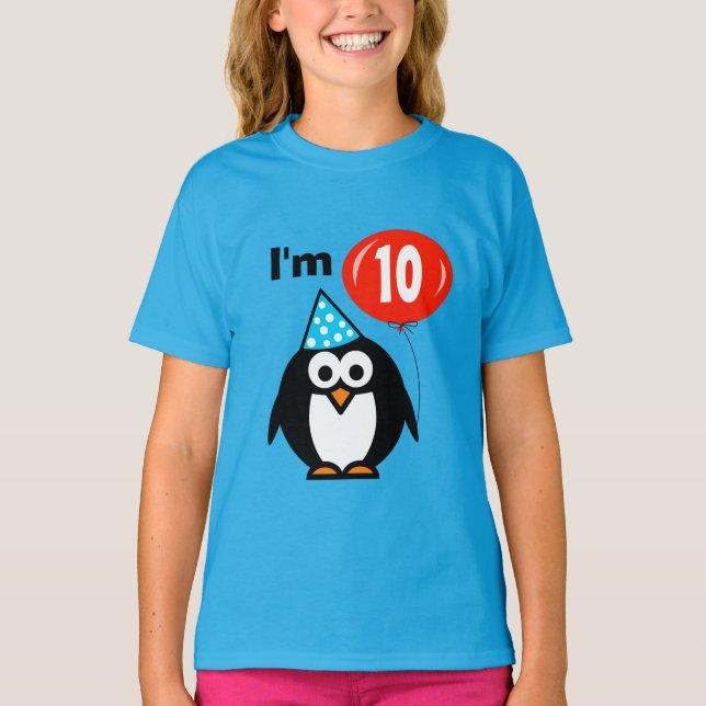 Kids 10th Birthday shirt | penguin and red balloon (Front)