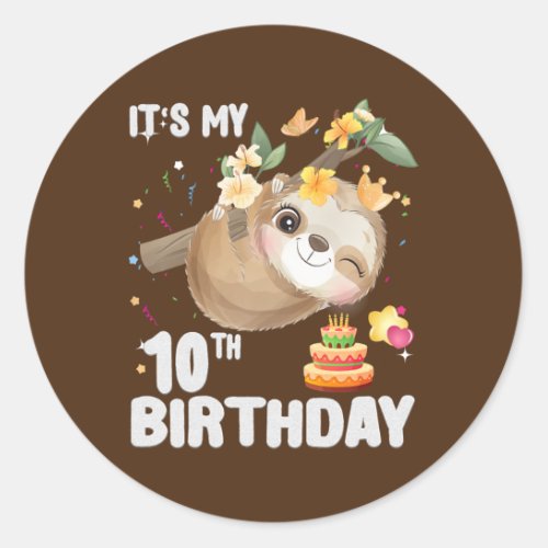 Kids 10th Birthday Sloth Girl Party Cute Sloth Classic Round Sticker