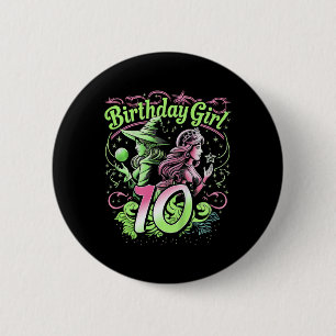 Kids 10th Birthday Witch Pink And Green 10 Year Ol Button
