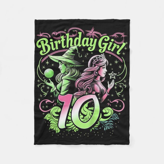 Kids 10th Birthday Witch Pink And Green 10 Year Ol Fleece Blanket (Front)