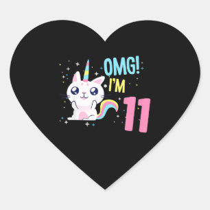 Kids 11 Year Old Girl Birthday Outfit Unicorn Cat Heart Sticker