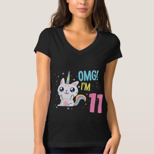 Kids 11 Year Old Girl Birthday Outfit Unicorn Cat T_Shirt