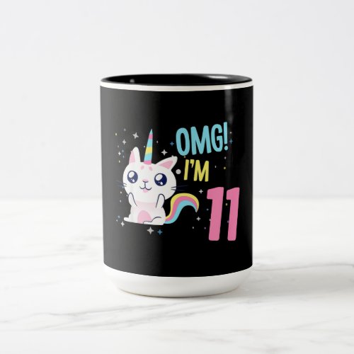 Kids 11 Year Old Girl Birthday Outfit Unicorn Cat Two_Tone Coffee Mug