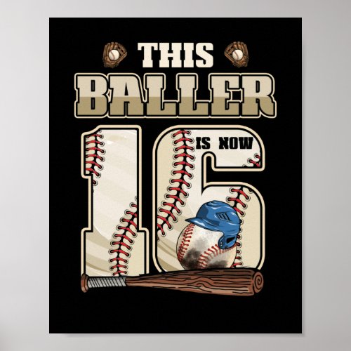 Kids 16th Birthday Baseball Boy Sixteen Year Old Poster